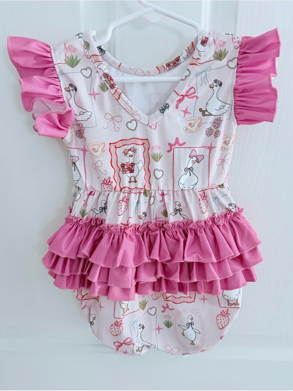 Pink Ruffle Goose-Print One-Piece Romper - Picture 2 of 2